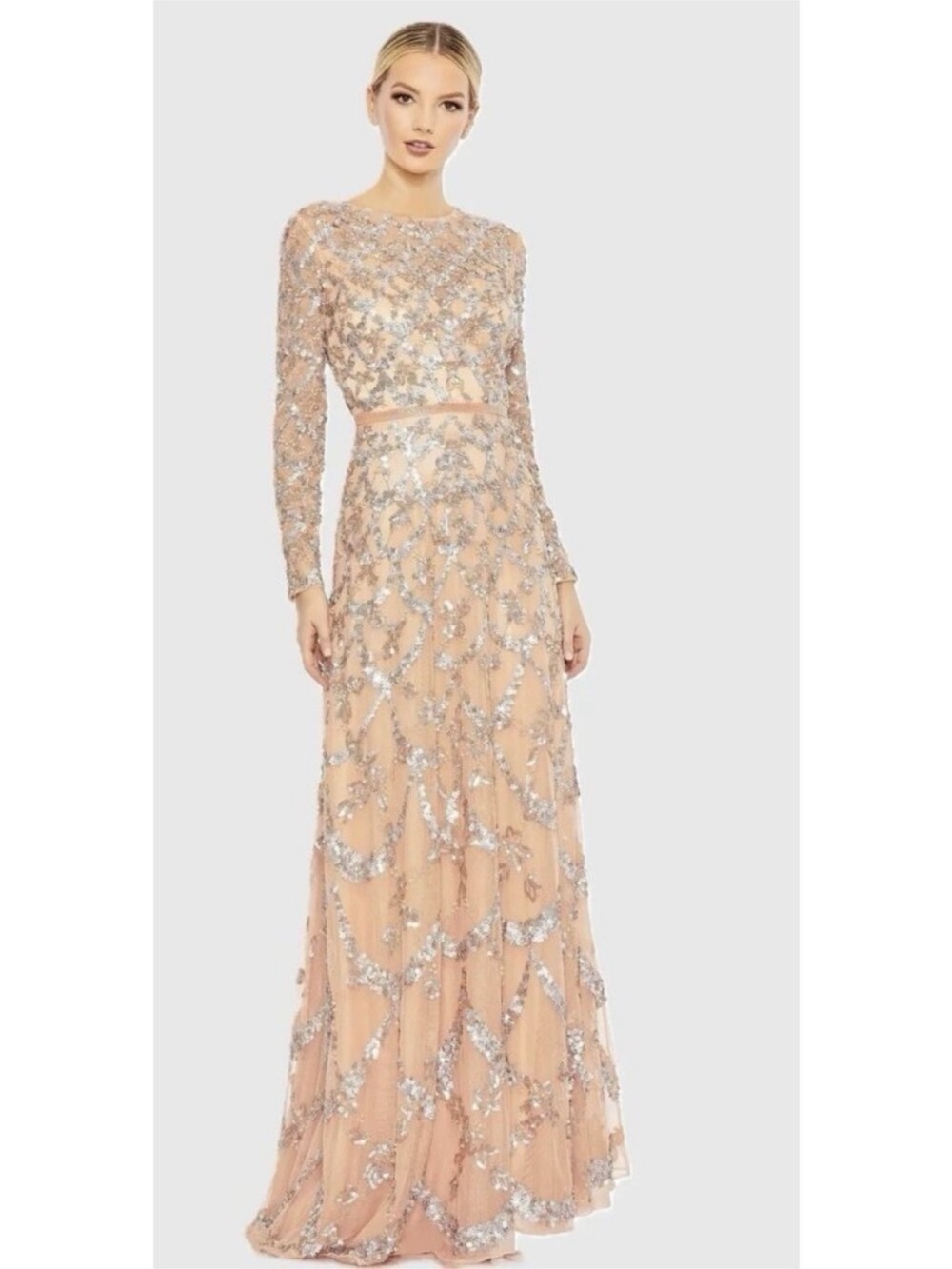 Mac Duggal Nude Pink Long Sleeve Sequin Evening Gown